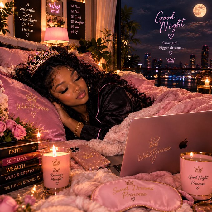 A woman wearing a tiara rests in a pink-themed bed setup with a laptop labeled 'Web3 Princess' and a 'Good Night' sky view; visible text includes 'A Successful Queen Never Sleeps On Her Dreams', 'Pray, Plan, Grind, Manifest, Win', and books labeled 'FAITH, SELF LOVE, WEALTH, WEB3 & CRYPTO, THE FUTURE IS YOURS'.