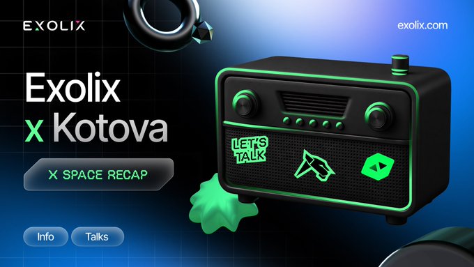 A promotional graphic for 'Exolix x Kotova - X Space Recap' featuring a 3D green and black retro-style radio with 'LET'S TALK' on its speaker grille against a blue grid background.