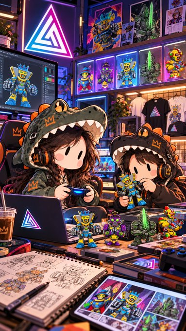 Two cartoon characters in dinosaur hoodies playing with toy figures in a colorful gaming room decorated with neon lights, posters, and collectibles.