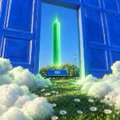 A small image showing a green upward-pointing arrow on a green square, set against a background of solar panels and clouds with white particles, suggesting a renewable energy or green growth theme.