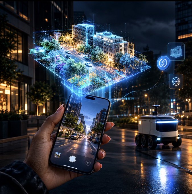 A nighttime smart-city scene shows a hand holding a smartphone, a floating digital building map, connected icons, and a small autonomous-looking vehicle on a wet city street.
