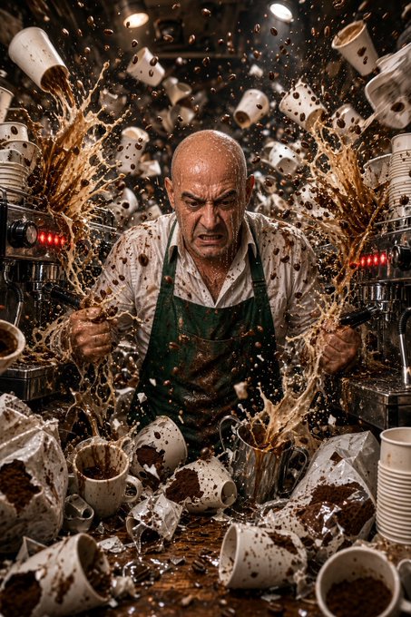 An angry bald man wearing a green apron stands at an espresso machine as coffee cups and liquid explode around him in a chaotic scene.