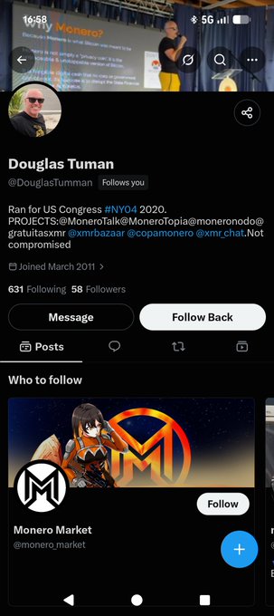 A screenshot of an X (Twitter) profile for 'Douglas Tumman' (@DouglasTumman), noting 'Ran for US Congress #NY04 2020' with projects '@MoneroTalk @MoneroTopia @moneronodo', showing 631 Following and 58 Followers.