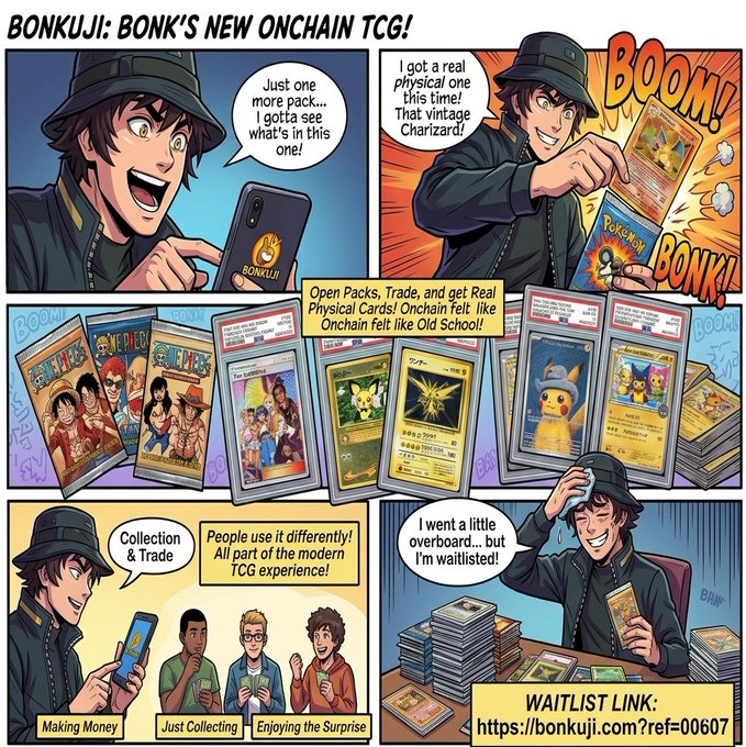 The image features a cartoon character dressed as a man wearing a hat, holding a cell phone and looking at an opened pack of Pokémon cards displayed behind him. The cartoon is related to the BONKUJI trading card game platform. The cartoon shows various aspects of the game, such as opening packs, collecting cards, trading among players, and getting real physical cards sent by mail or through other means. The image also includes a caption with text that provides information about the post it belongs to on the BONKUJI website.