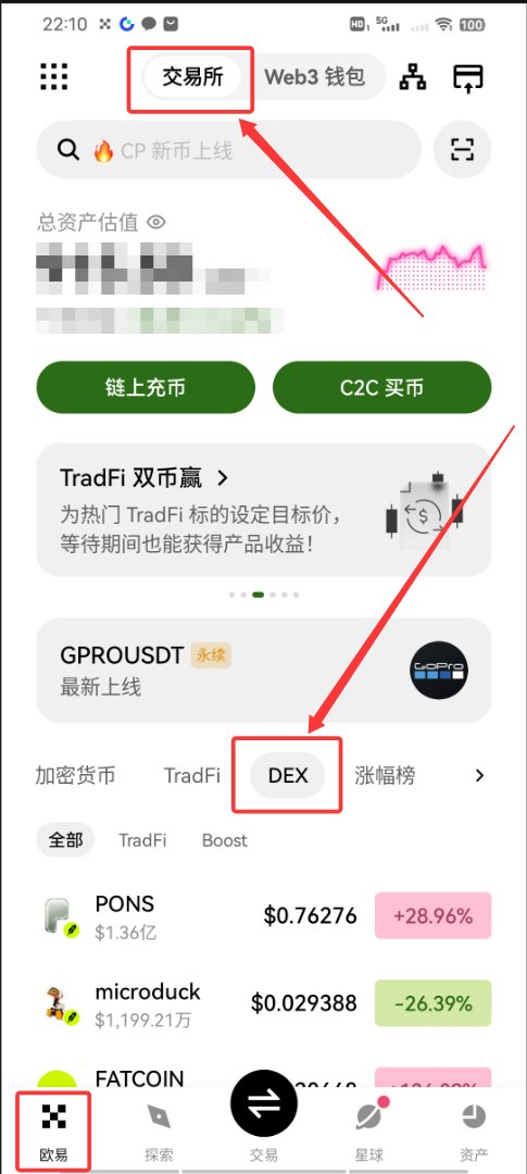 A Chinese cryptocurrency exchange app interface with red boxes and arrows highlighting navigation to '交易所' (Exchange), 'DEX', and the '欧易' (OKX) bottom menu, showing various tokens like PONS, microduck, and FATCOIN.