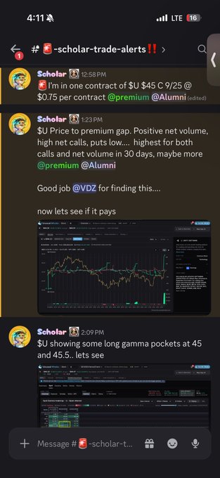 A Discord channel "#scholar-trade-alerts" shows trading alerts from user "Scholar" for $U stock, including a message about a $U .45 C 9/25 contract at $0.75, analysis noting price to premium gap and positive net volume, and $U showing long gamma pockets at 45 and 45.5, along with two charting screenshots.