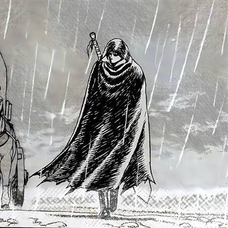 A black-and-white illustration showing a cloaked figure with a sword on their back standing in the rain.