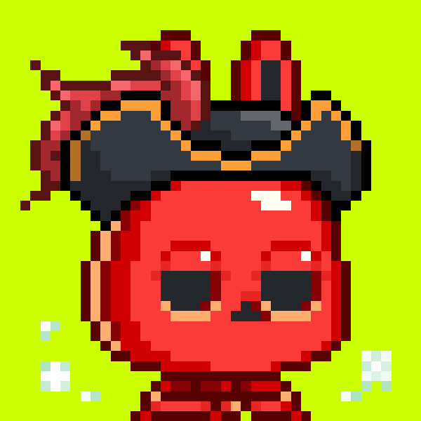 A pixel art character with a red face and body wearing a black pirate hat with a red feather, set against a bright green background.