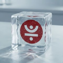A clear ice cube with the red TRON logo embedded inside, symbolizing a cool and approachable entry point for new users into the TRON blockchain ecosystem. The frozen branding visually represents how TRON simplifies initial interactions by offering a transparent, welcoming starting point for newcomers.
