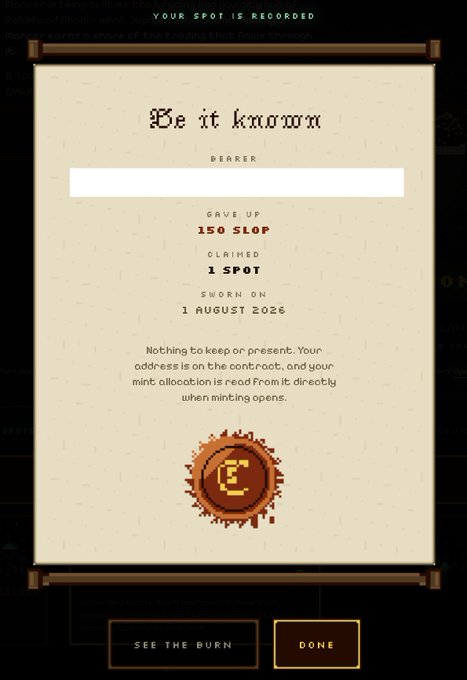 A digital "Be it known" certificate displays that 150 $SLOP was burned to claim 1 spot sworn on 1 August 2026, with a redacted bearer name and options to "SEE THE BURN" or click "DONE," illustrating the Mancer NFT promotion offering spotters a way to secure a spot by burning tokens.