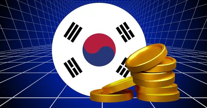 The image shows the South Korean flag displayed alongside a stack of gold coins, set against a blue digital grid background. It visually represents the post's discussion of South Korea's stablecoin outflows, with the flag symbolizing the country and the coins representing the capital (totaling $10.4B) being pulled out through overseas exchanges.