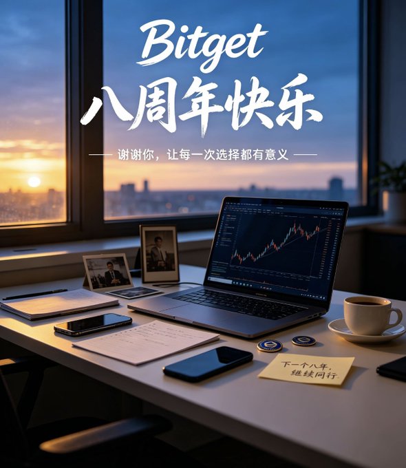 A Bitget 8th anniversary celebration graphic showing a desk with a laptop displaying trading charts, a coffee cup, and photos, with Chinese text 'Bitget 八周年快乐' meaning 'Bitget Happy 8th Anniversary.'