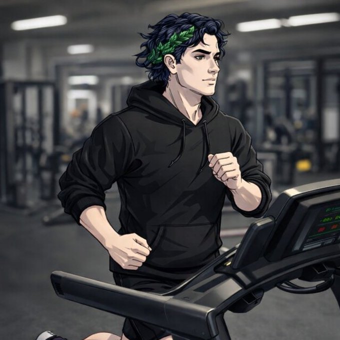 An anime-style illustration of a young man with dark hair featuring green highlights, wearing a black hoodie while running on a treadmill in a gym.
