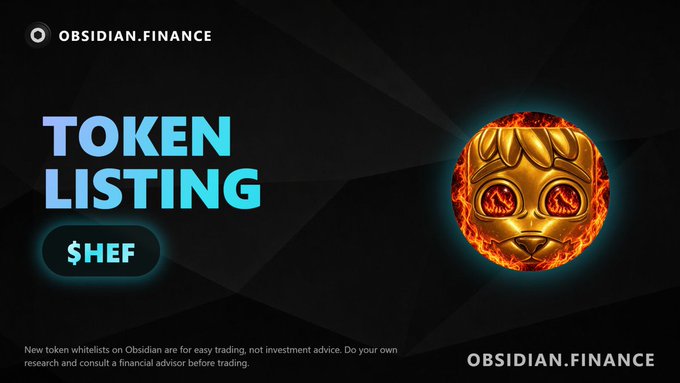 A promotional graphic from Obsidian.Finance announcing 'TOKEN LISTING' for '$CHEF,' featuring a golden mask surrounded by flames against a black background.