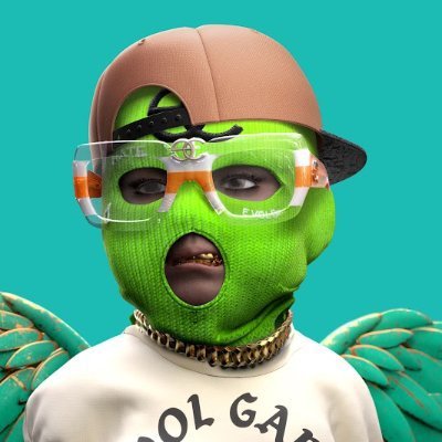 A 3D rendered character with green skin, wearing a pink cap, orange safety goggles, a gold chain, and a white shirt with partial text "OL GA" on a teal background.
