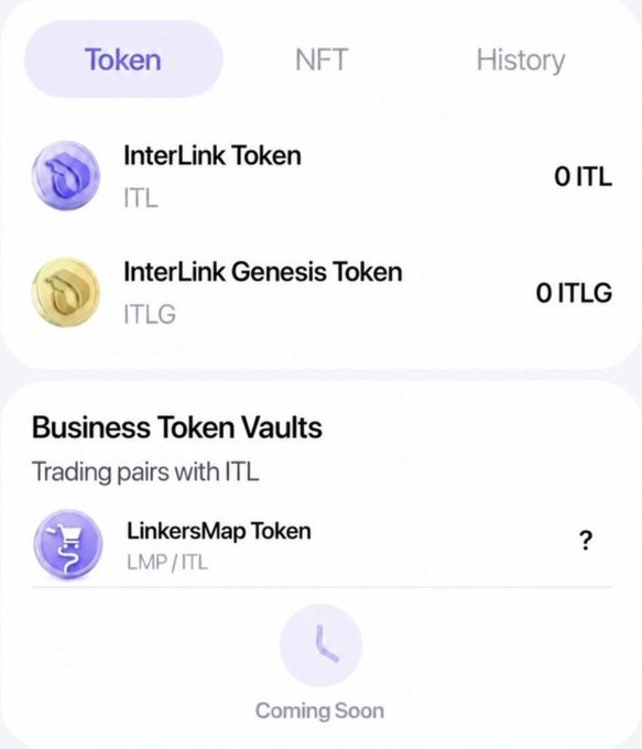 The image displays an InterLink wallet interface showing zero balances for InterLink Token (ITL) and InterLink Genesis Token (ITLG), along with a "Coming Soon" notification for the LinkersMap Token (LMP/ITL) trading pair under the Business Token Vaults section. This visually previews the upcoming IBTE listing of $LMP, where Linkers will soon be able to swap their $ITL for $LMP tokens.