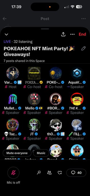 A mobile screenshot of a Twitter/X Space titled 'POKEAHOE NFT Mint Party!🎉 Giveaways!' with 32 listeners, showing multiple speaker avatars arranged in a grid with roles like Host, Co-host, and Speaker, and the mic is off.