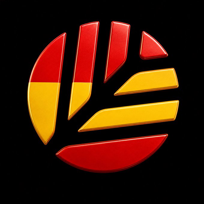 3D-rendered circular logo with red and yellow segmented bars against a black background.