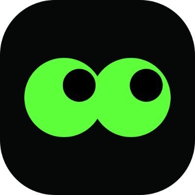 An app icon featuring two bright green circles resembling eyes on a black rounded-square background.