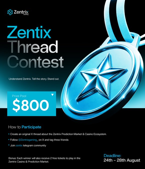 The poster announces the **Zentrix Thread Contest**, offering an **$800 prize pool** to the top 10 winners: **$200, $150, $100, with $350 shared among 4th–10th place**. The submission deadline is **24–28 August**, and it instructs participants to create an original X thread about the **Zentrix Prediction Market & Casino Ecosystem**, follow **@Zentrixgaming**, tag three friends, and join the **zentrix Telegram** community.