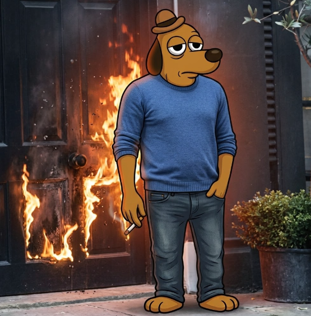 A cartoon illustration of an anthropomorphic brown dog wearing a blue sweater, jeans, and a small hat, standing calmly in front of a door engulfed in flames while holding a cigarette.