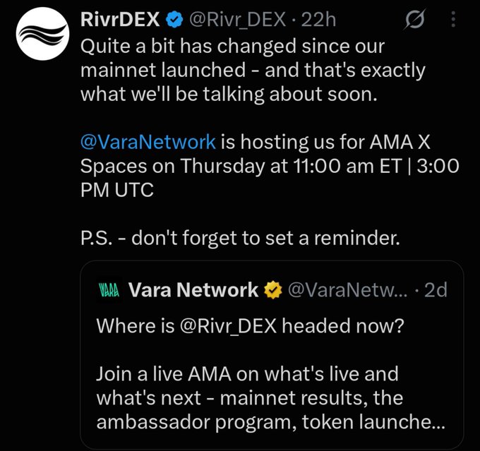 A tweet from RivrDEX (@Rivr_DEX) announcing an AMA X Spaces hosted by @VaraNetwork on Thursday at 11:00 AM ET to discuss mainnet results, the ambassador program, and token launch.