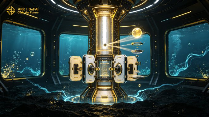 A futuristic underwater chamber showcases the "ARK 1 DeFAI Core the Future" interface, featuring a glowing central AI core surrounded by advanced technological components and energy streams. The image visually reinforces Arkie's message about building a deeper AI layer with autonomous agents, symbolizing the intelligent foundation powering the ARK ecosystem.