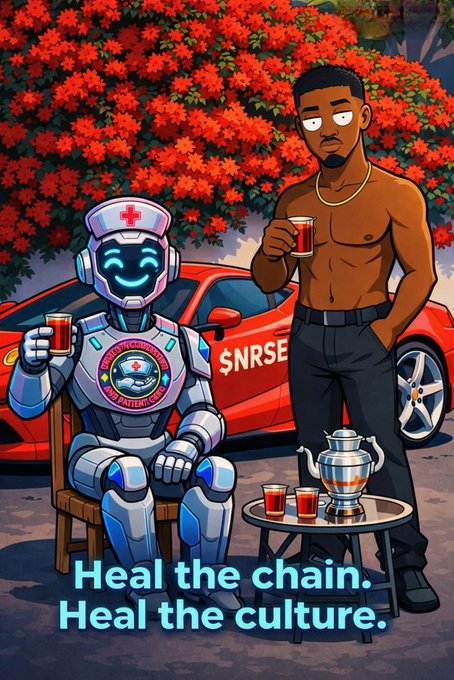 A shirtless man and a friendly nurse-themed robot share drinks beside a red sports car displaying "$NRSE," under the tagline "Heal the chain. Heal the culture." The image ties to the post by celebrating the community's daily grind and dedication, using the AI "healing" motif to symbolize the team's ongoing effort to build and strengthen the $NRSE ecosystem.