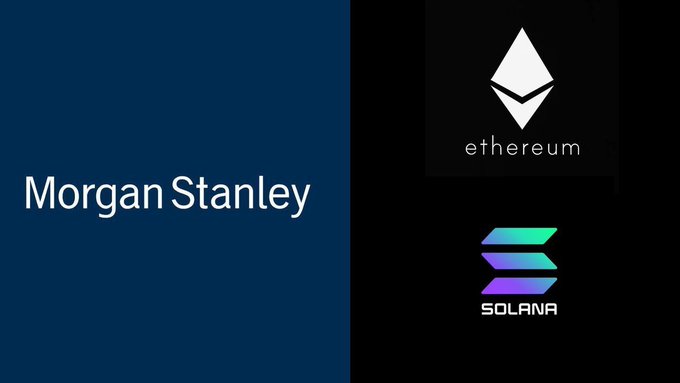 Image showing 'Morgan Stanley' logo on blue background alongside Ethereum and Solana cryptocurrency logos.
