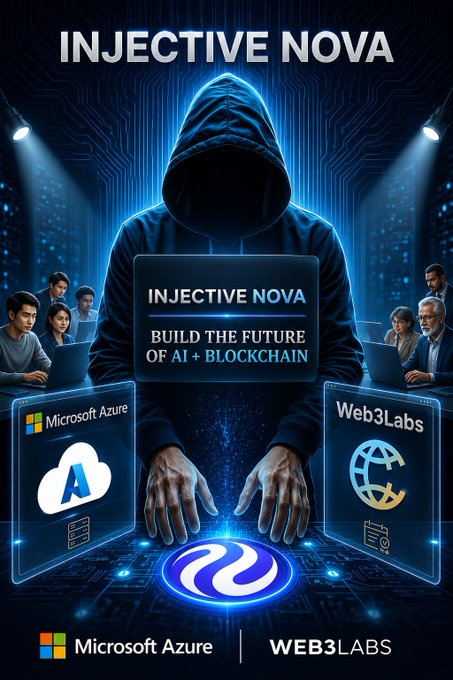 A hooded figure works on a glowing laptop displaying "INJECTIVE NOVA - BUILD THE FUTURE OF AI + BLOCKCHAIN," flanked by Microsoft Azure and Web3Labs logos, symbolizing the Injective Nova incubator program's mission to merge AI with blockchain development in partnership with Microsoft and Web3Labs.