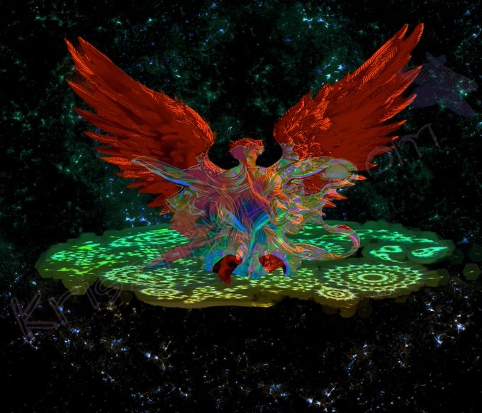 A digital artwork featuring a vibrant red-winged phoenix-like figure with rainbow-colored flowing plumage, standing on a glowing green mandala-patterned platform against a starry cosmic background. The image contains a watermark reading 'Krystal' across the center.