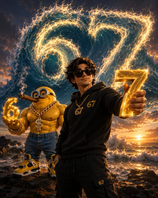 A digital artwork depicting a young man wearing sunglasses and a black hoodie with gold '67' chains, holding up a glowing golden '7', accompanied by a muscular Minion character wearing gold chains and a dollar sign medallion holding a '6', with a giant '67' formed from ocean waves in the background.