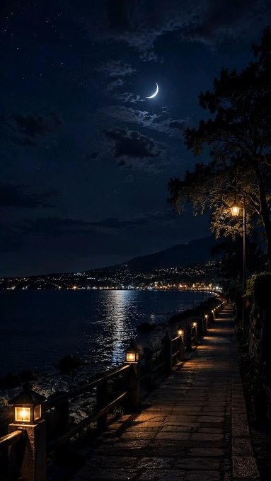 A nighttime scene of a stone walkway lit by lanterns along a coastline, with city lights in the distance and a crescent moon in the starry sky.