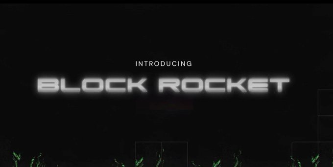 A dark promotional banner with the white text 'INTRODUCING BLOCK ROCKET' displayed in a futuristic glowing font against a black background.