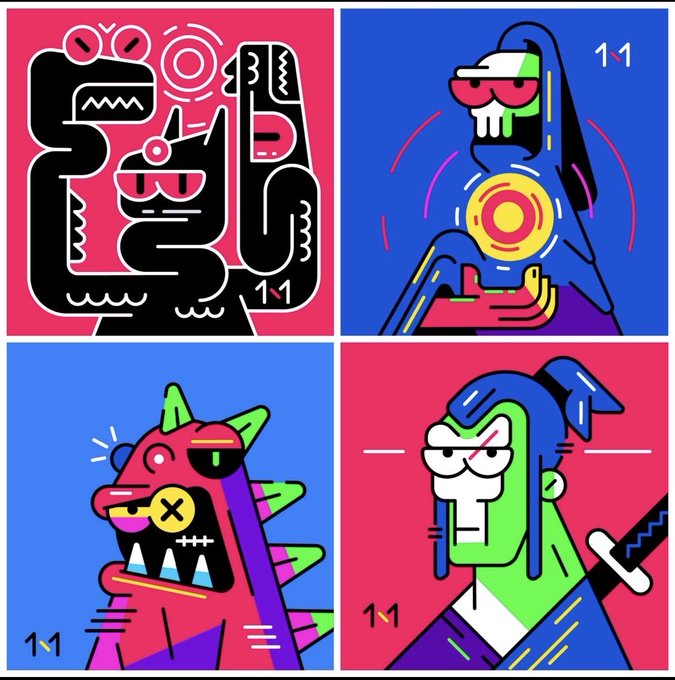 Grid of four colorful cartoon characters including a black monster with headphones, a hooded figure with a target on its chest, a spiky pink creature, and a green-haired character with a sword.