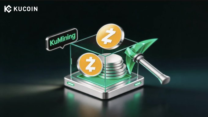 KuCoin's KuMining platform displayed with Zcash ($ZEC) coins and a mining pickaxe, promoting cloud mining services for the surging privacy coin.