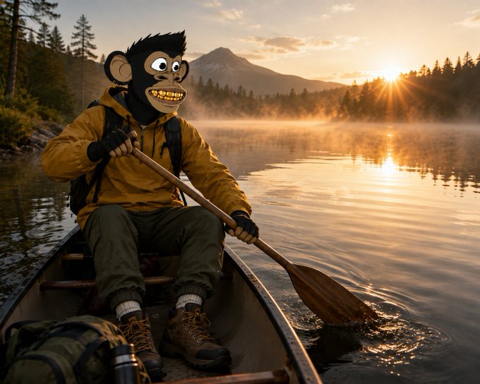 Surreal image of a cartoonish monkey-headed figure wearing a yellow jacket, paddling a canoe on a misty lake at sunrise.