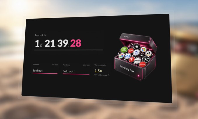 A promotional graphic showing a 'Restock in' countdown timer of '1d 21 39: 28' next to an open 'SURF Mystery Box' containing various app icons, with 'Sold out' labels below.