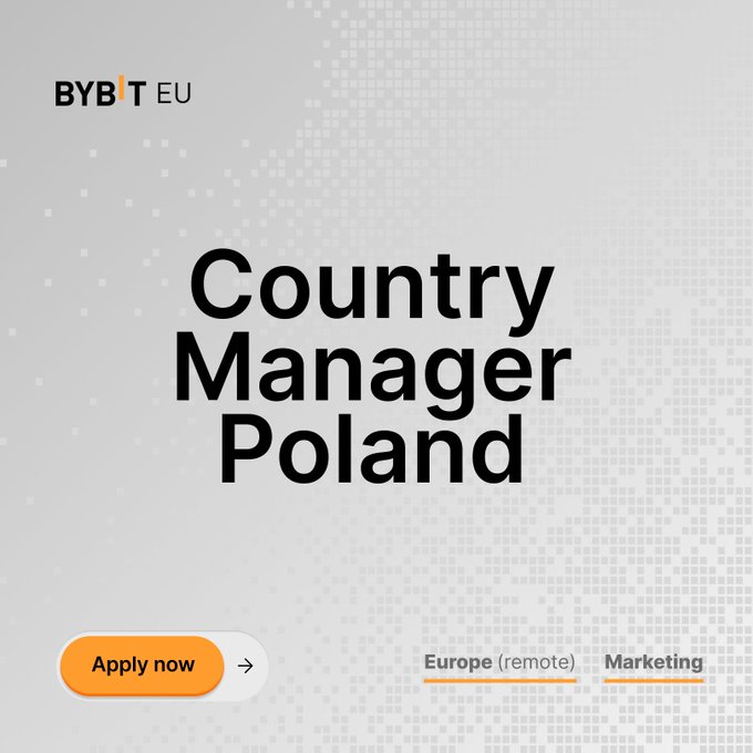A job advertisement from BYBIT EU announces a 'Country Manager Poland' position located in Europe (remote) in the Marketing department, featuring an orange 'Apply now' button.