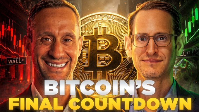 A thumbnail featuring two men flanking a large golden Bitcoin coin, with red and green stock market charts and a "Wall St" sign in the background. Bold text reads "BITCOIN'S FINAL COUNTDOWN," promoting a discussion with VanEck's Matthew Sigel about a potential October buying window for Bitcoin.