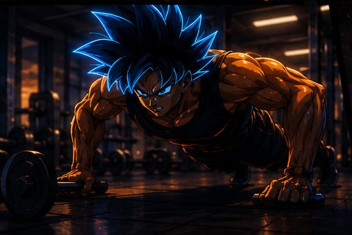 A digital artwork of a muscular anime-style character with glowing blue spiky hair doing push-ups on a dumbbell in a dark gym setting.