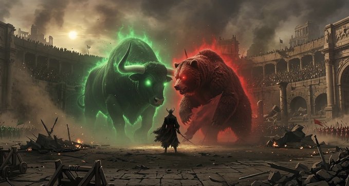 A fantasy illustration of a warrior standing between two massive glowing spirit animals—a green bull and a red bear—in an arena setting.