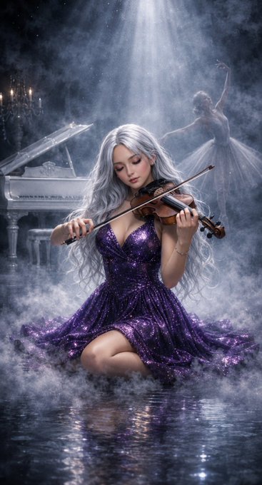 A fantasy-style image of a silver-haired woman in a sparkling purple dress playing a violin, with a ballerina and piano visible in the misty background.