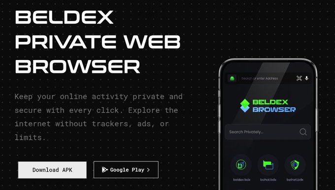 An advertisement for 'BELDEX PRIVATE WEB BROWSER' showing a smartphone displaying the app interface, with text promoting private and secure online activity.
