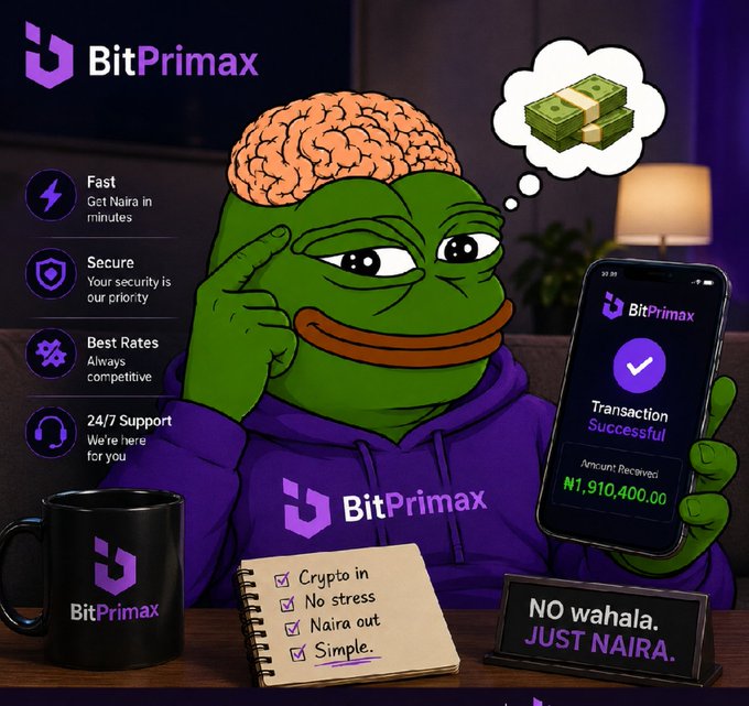 A Pepe-style mascot in a purple "BitPrimax" hoodie holds up a phone showing a ₦1,910,400.00 successful transaction while thinking about stacks of cash, promoting the crypto-to-Naira exchange service with features like "Fast," "Secure," "Best Rates," and "24/7 Support." A notebook lists "Crypto in / No stress / Naira out / Simple," and a sign declares "NO wahala. JUST NAIRA." — directly reinforcing the post's message that converting crypto to Naira is quick and hassle-free.