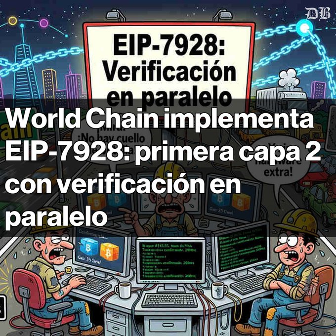 A Spanish-language graphic from World Chain announcing the implementation of EIP-7928, described as the first Layer 2 with parallel verification, illustrated with a cartoon scene of construction workers at computers.