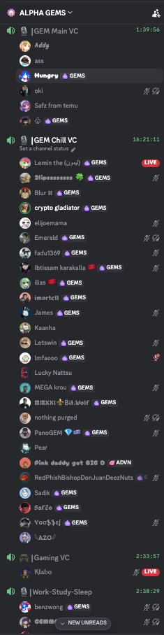 A Discord server screenshot titled 'ALPHA GEMS' showing voice channels including 'GEM Main VC', 'GEM Chill VC' with various users listed, and 'Gaming VC' and 'Work-Study-Sleep' channels below, with 'NEW UNREADS' button at the bottom.