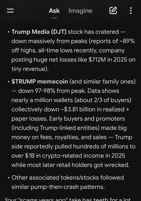 A mobile app screenshot of an AI 'Ask' response listing financial losses including Trump Media (DJT) stock crashing ~89%, $TRUMP memecoin down 97-98%, and other related tokens following similar pump-and-crash patterns.