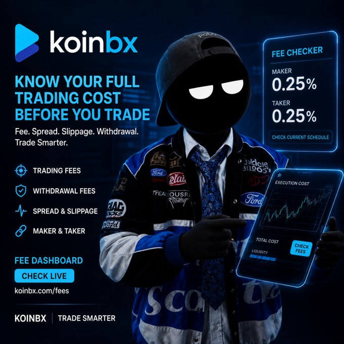 A KoinBX cryptocurrency exchange advertisement reading 'KNOW YOUR FULL TRADING COST BEFORE YOU TRADE' with a 0.25% maker/taker fee structure, featuring a faceless figure in a racing jacket holding a trading chart.