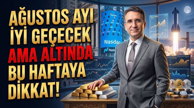 A man in a suit stands beside a table of gold bars, with charts displaying Gold/XAUUSD and NASDAQ tickers and a Bitcoin rocket launch graphic in the background. Bold Turkish text reads "AĞUSTOS AYI İYİ GECECEK AMA ALTINDA BU HAFTAYA DİKKAT!" (August will go well, but watch this week underneath for gold!), tying the visuals to the post's focus on XAUUSD, XAGUSD, and BTC market analysis.